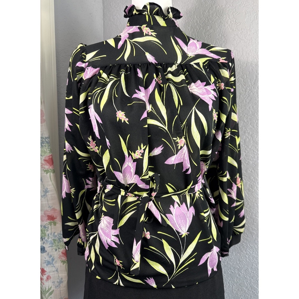 VTG Teddi of California Sheer Black Button Down Floral Blouse Topโ Shirt W/ Belt